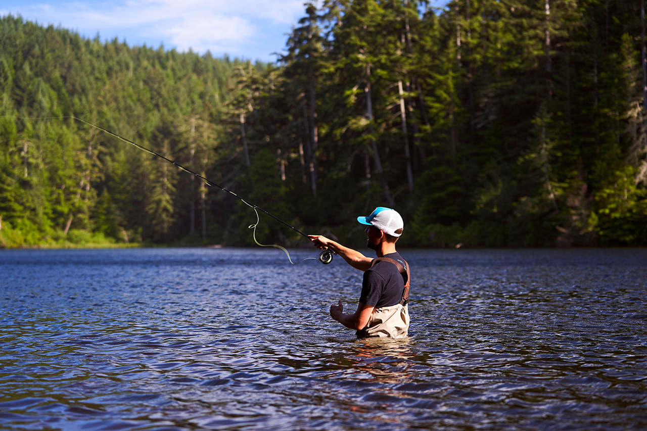 Fly fishing at Lake Marie in Winchester Bay, Oregon