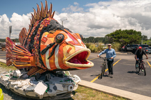 Finnian the fish sculpture made from beach trash by Washed Ashore in Bandon, Oregon
